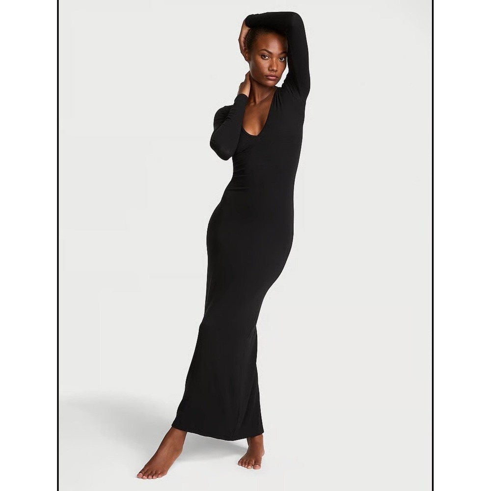 Victoria's Secret Black Ribbed Sleeve Maxi Dress Goth Bodycon Back Slit Medium